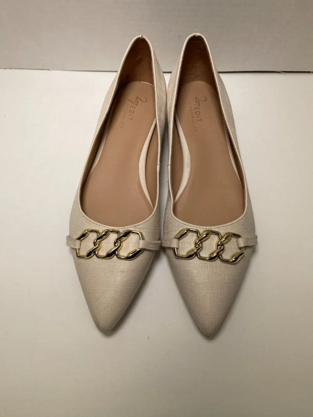 27 EditBy Naturalizer Women's Becca Ivory Gold Accents Wedge Flat Sz 9